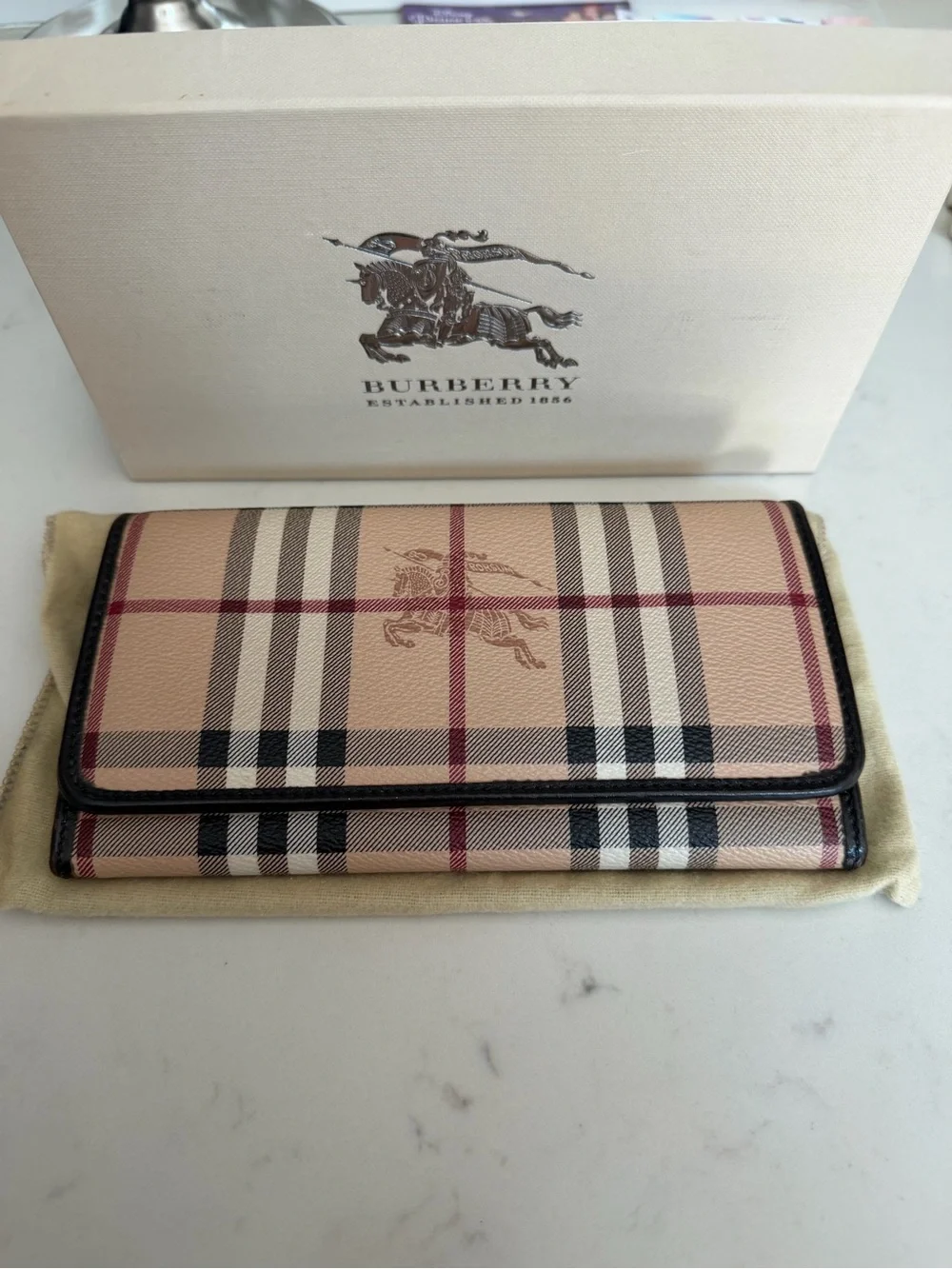 Burberry Haymarket Plaid Fold Wallet with Black Trim
